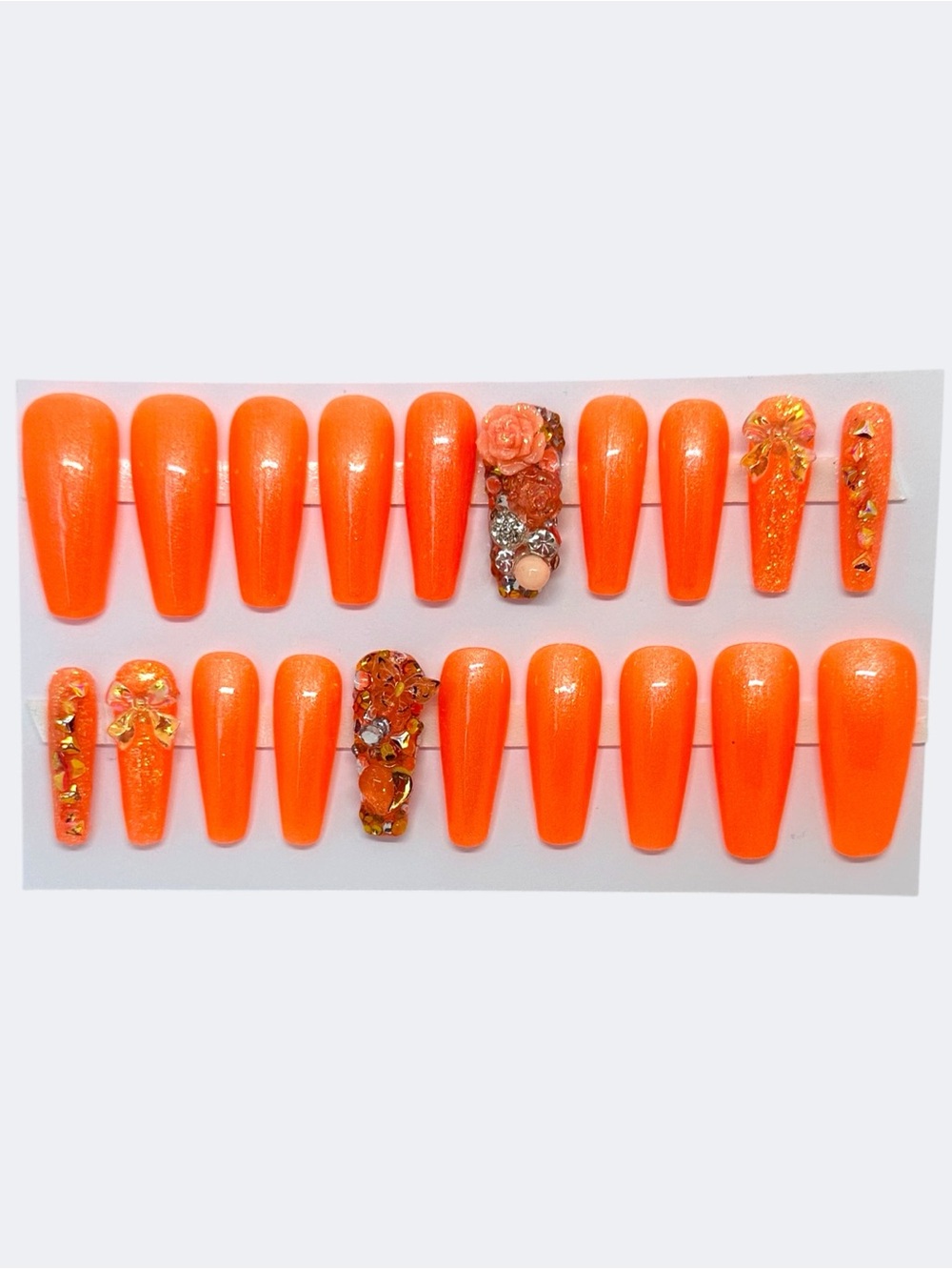Handmade Custom Press On Nails Long Coffin Semi Sheer Shimmery Orange